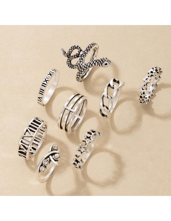Jewels Galaxy Silver Plated Snake inspired Stackable Rings Set of 9