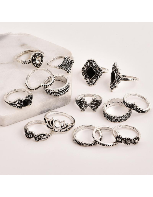 Jewels Galaxy Combo of 15 Silver Plated Mixed Sized Rings 901