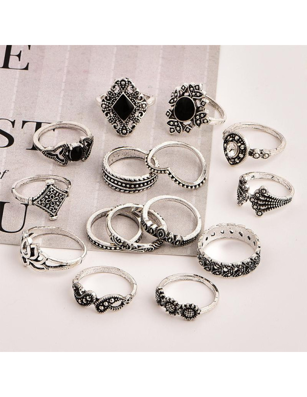Jewels Galaxy Combo of 15 Silver Plated Mixed Sized Rings 901