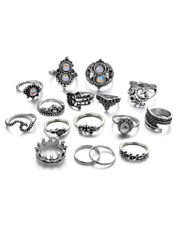 Jewels Galaxy Combo of 16 Silver Plated Mixed Sized Rings 902