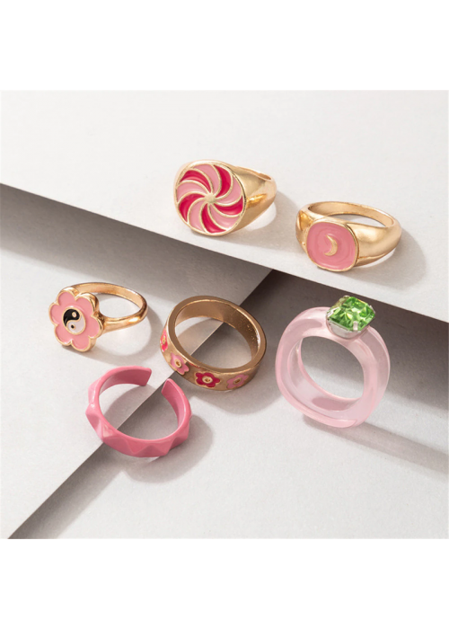 Jewels Galaxy Jewellery For Women Gold Plated Pink Rings Set of 6