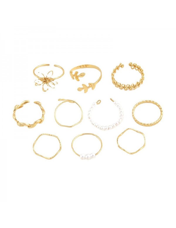 Jewels Galaxy Women Set of 10 Gold Plated Adjustable Floral Finger Ring