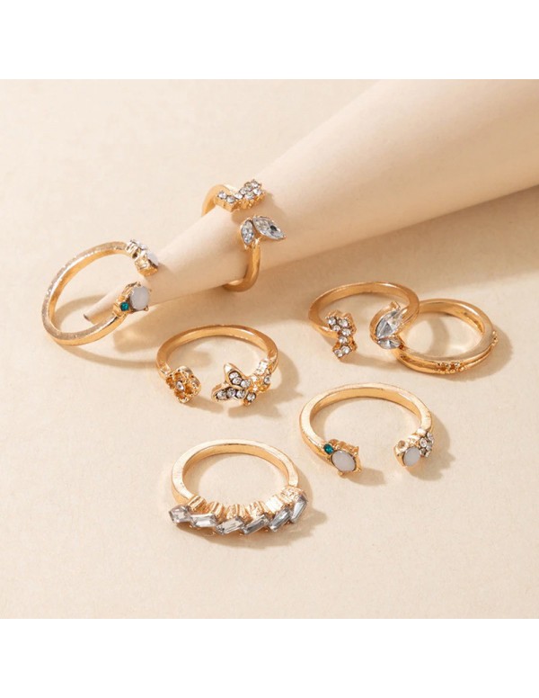 Jewels Galaxy Gold Plated Stone Studded Contemporary Stackable Rings Set of 7