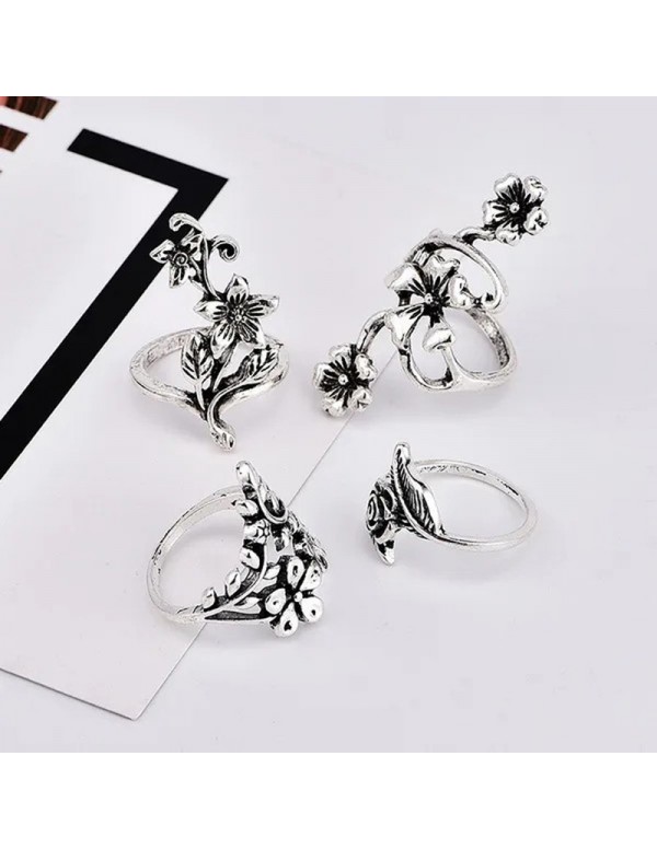 Jewels Galaxy Silver Plated Floral Contemporary Stackable Rings Set of 4