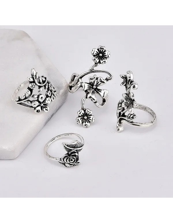 Jewels Galaxy Silver Plated Floral Contemporary Stackable Rings Set of 4