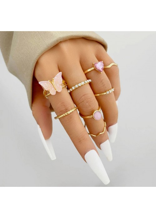 Jewels Galaxy Gold Plated Pink Stone Studded Butterfly Stackable Rings Set of 8