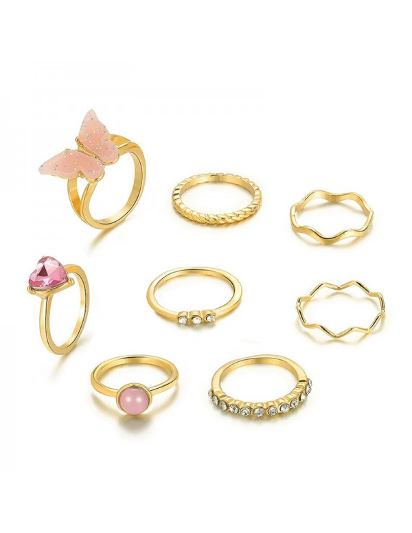 Jewels Galaxy Gold Plated Pink Stone Studded Butterfly Stackable Rings Set of 8