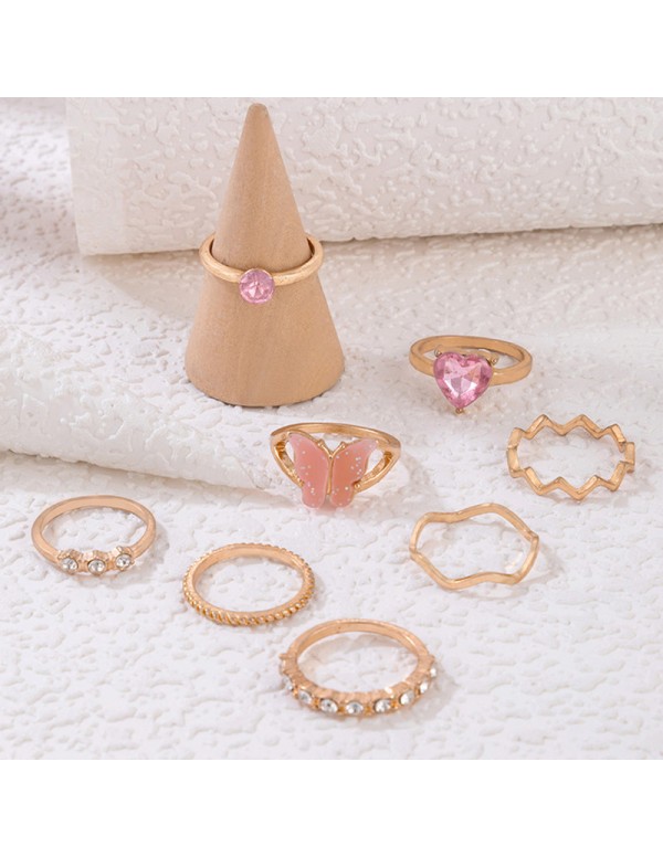 Jewels Galaxy Gold Plated Pink Stone Studded Butterfly Stackable Rings Set of 8