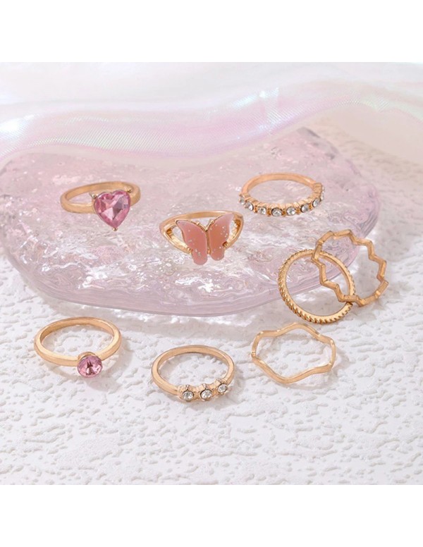 Jewels Galaxy Gold Plated Pink Stone Studded Butterfly Stackable Rings Set of 8