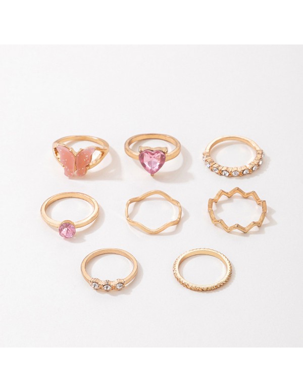 Jewels Galaxy Gold Plated Pink Stone Studded Butterfly Stackable Rings Set of 8