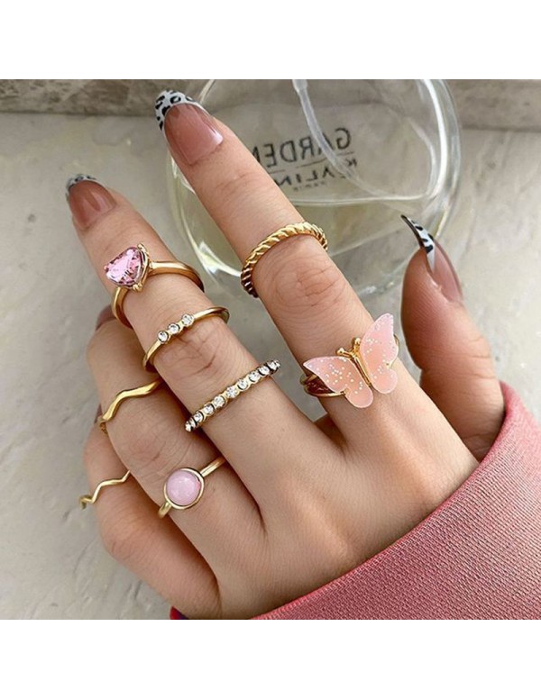 Jewels Galaxy Gold Plated Pink Stone Studded Butterfly Stackable Rings Set of 8