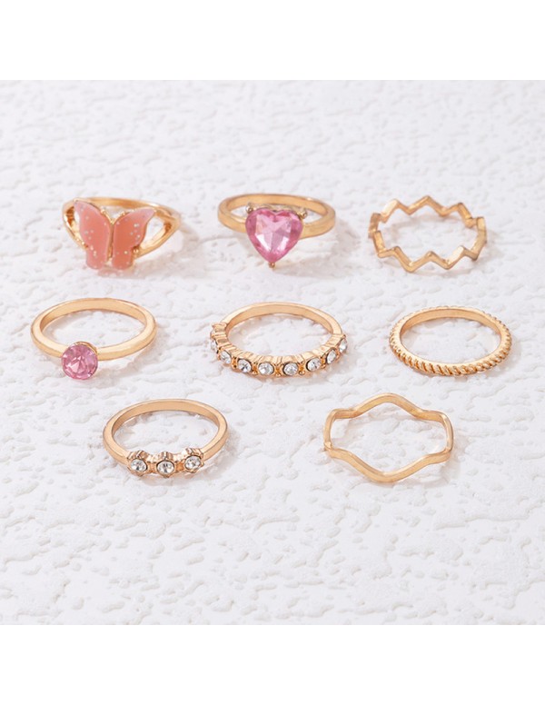 Jewels Galaxy Gold Plated Pink Stone Studded Butterfly Stackable Rings Set of 8