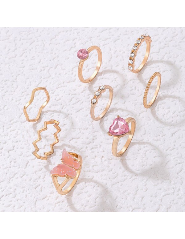 Jewels Galaxy Gold Plated Pink Stone Studded Butterfly Stackable Rings Set of 8