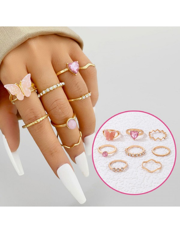 Jewels Galaxy Gold Plated Pink Stone Studded Butterfly Stackable Rings Set of 8