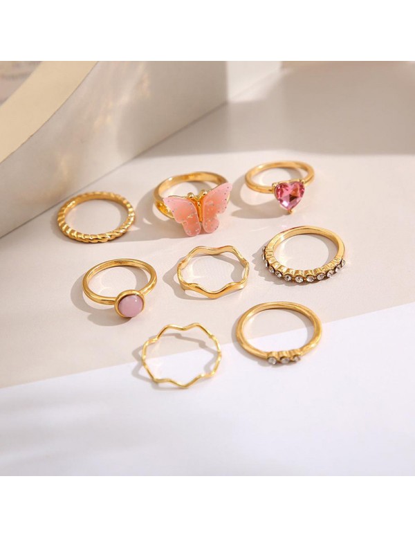 Jewels Galaxy Gold Plated Pink Stone Studded Butterfly Stackable Rings Set of 8