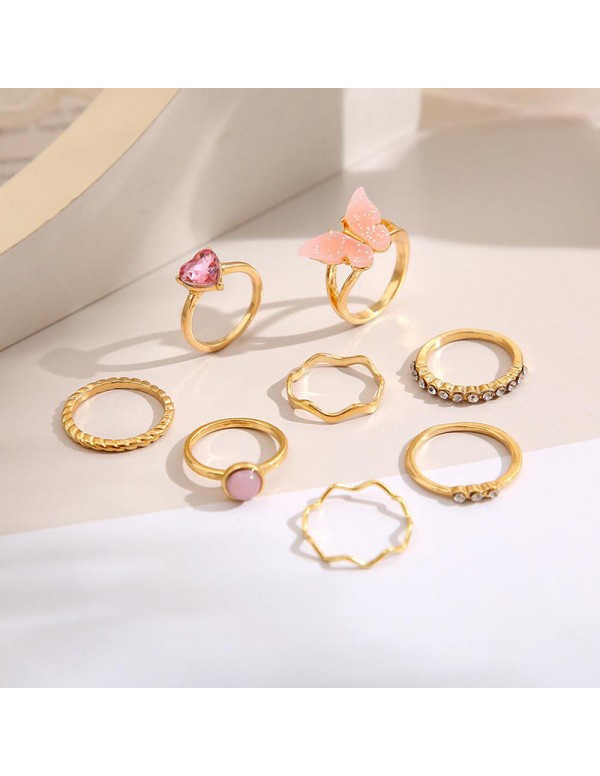 Jewels Galaxy Gold Plated Pink Stone Studded Butterfly Stackable Rings Set of 8