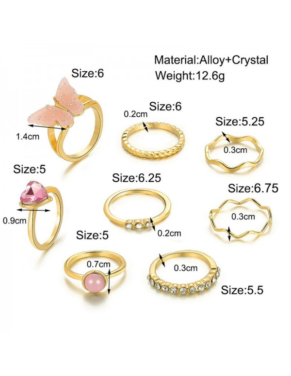 Jewels Galaxy Gold Plated Pink Stone Studded Butterfly Stackable Rings Set of 8