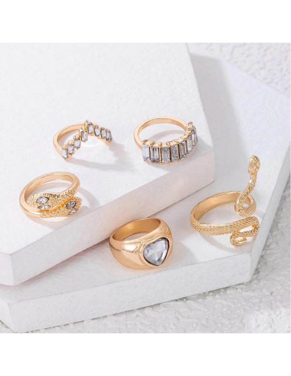 Jewels Galaxy Gold Plated Gold-Toned Heart-Snake inspired Stackable Rings Set of 5