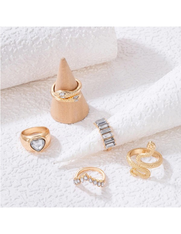 Jewels Galaxy Gold Plated Gold-Toned Heart-Snake inspired Stackable Rings Set of 5