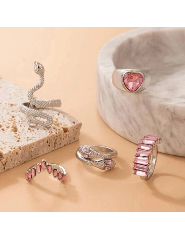 Jewels Galaxy Silver Plated Pink Stone Studded Heart-Snake inspired Stackable Rings Set of 5