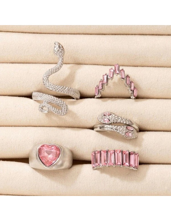 Jewels Galaxy Silver Plated Pink Stone Studded Heart-Snake inspired Stackable Rings Set of 5