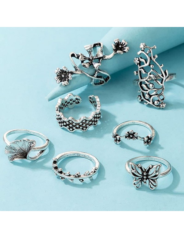 Jewels Galaxy Silver Plated Floral Contemporary Stackable Rings Set of 7