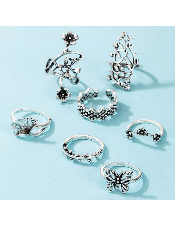 Jewels Galaxy Silver Plated Floral Contemporary Stackable Rings Set of 7