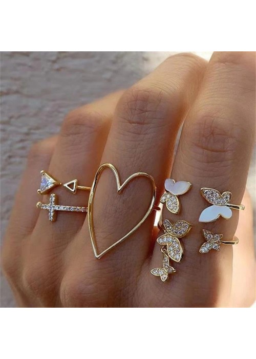 Jewels Galaxy Gold Plated Contemporary Butterfly-Heart Stackable Rings Set of 5