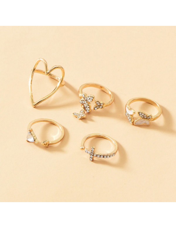 Jewels Galaxy Gold Plated Contemporary Butterfly-Heart Stackable Rings Set of 5
