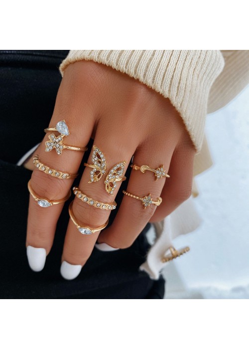 Jewels Galaxy Gold Plated Contemporary Butterfly inspired Stackable Rings Set of 8