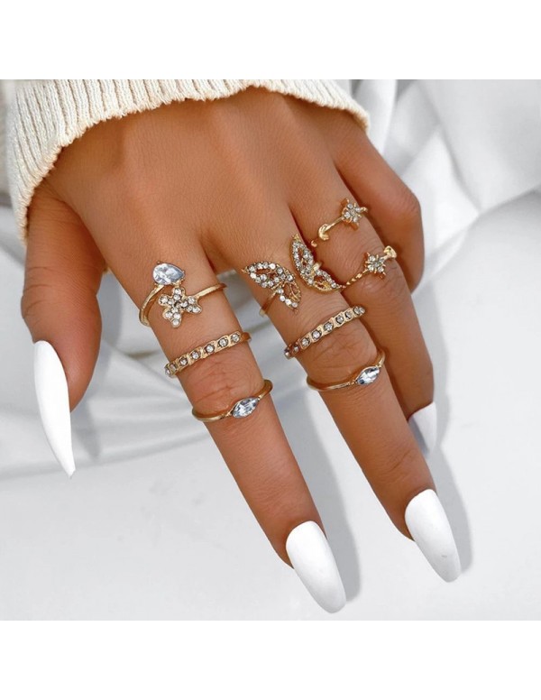 Jewels Galaxy Gold Plated Contemporary Butterfly inspired Stackable Rings Set of 8