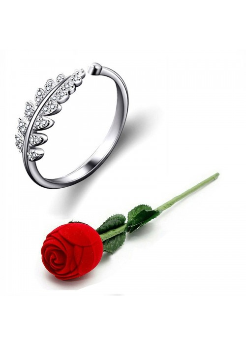 Jewels Galaxy Silver-Plated Stone Studded Handcrafted Adjustable Finger Ring with Rose Box 9935