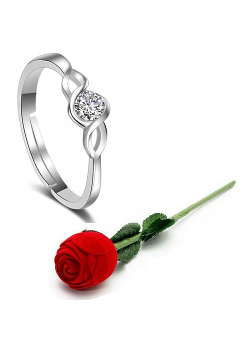 Jewels Galaxy Silver-Plated Stone-Studded Handcrafted Adjustable Finger Ring with Rose Box 9936