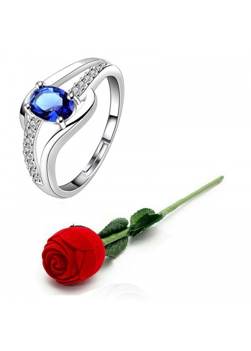 Jewels Galaxy Navy Blue Silver-Plated Stone-Studded Handcrafted Adjustable Finger Ring with Rose Box 9937