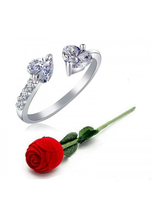 Jewels Galaxy Silver-Plated Stone Studded Handcrafted Adjustable Finger Ring with Rose Box 9938