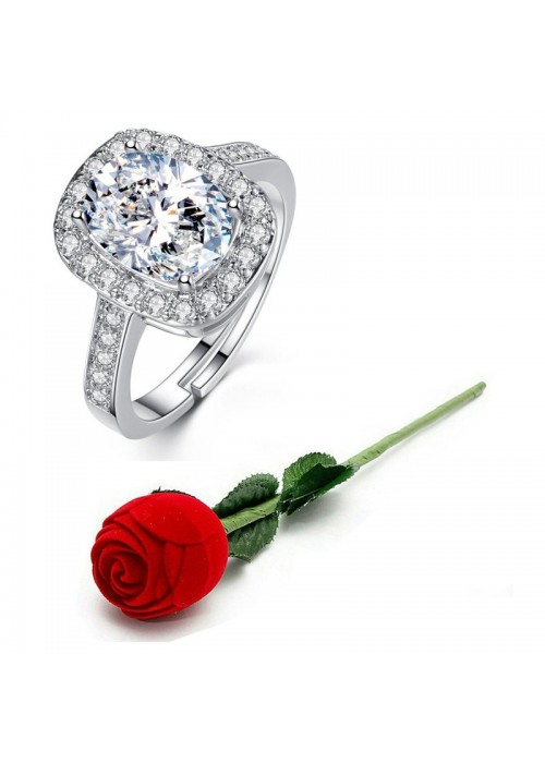 Jewels Galaxy Silver-Plated Stone-Studded Handcrafted Adjustable Finger Ring with Rose Box 9940