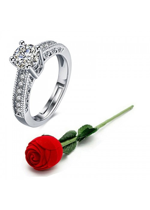 Jewels Galaxy Silver-Plated Stone-Studded Handcrafted Adjustable Finger Ring with Rose Box 9942