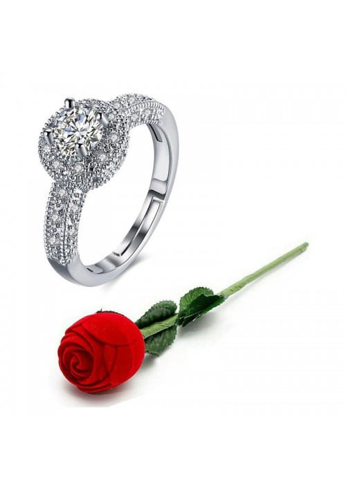 Jewels Galaxy Silver-Plated Stone-Studded Handcrafted Adjustable Finger Ring with Rose Box 9943