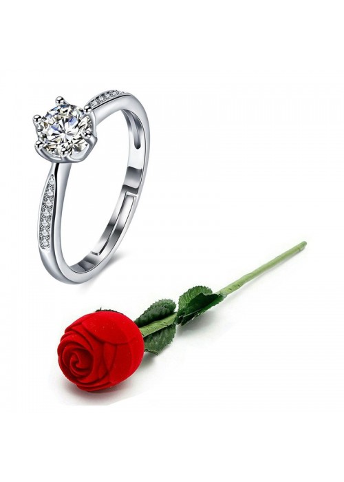 Jewels Galaxy Silver-Plated Stone Studded Handcrafted Adjustable Finger Ring with Rose Box 9944
