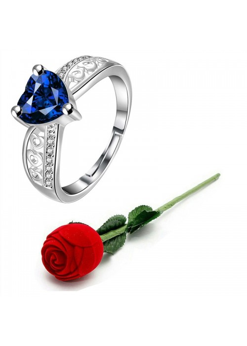 Jewels Galaxy Navy Blue Silver-Plated Stone Studded Handcrafted Adjustable Finger Ring with Rose Box 9947
