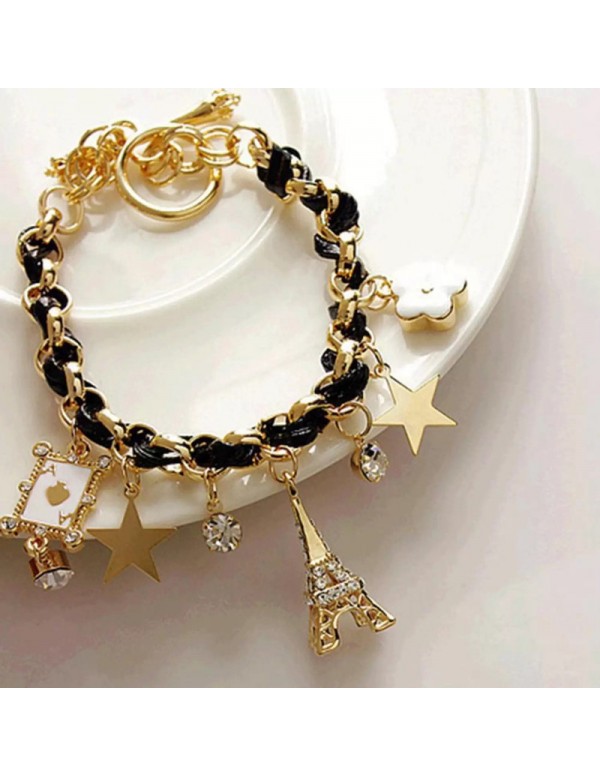 Jewels Galaxy Gold Plated Black and White Eiffel theme Charm Bracelet