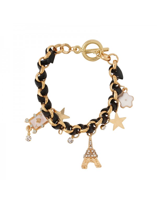 Jewels Galaxy Gold Plated Black and White Eiffel theme Charm Bracelet