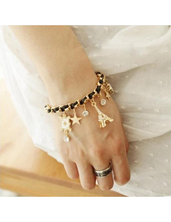 Jewels Galaxy Gold Plated Black and White Eiffel theme Charm Bracelet
