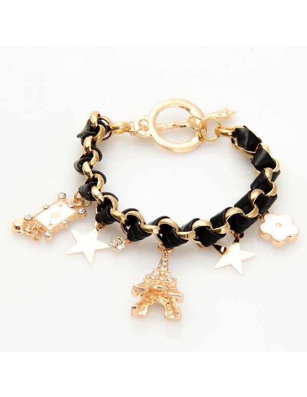 Jewels Galaxy Gold Plated Black and White Eiffel theme Charm Bracelet