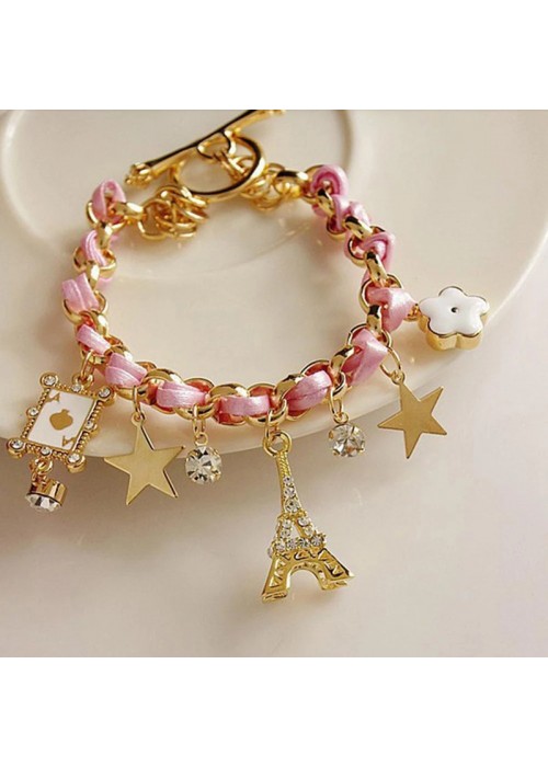 Jewels Galaxy Gold Plated Pink and White Eiffel theme Charm Bracelet