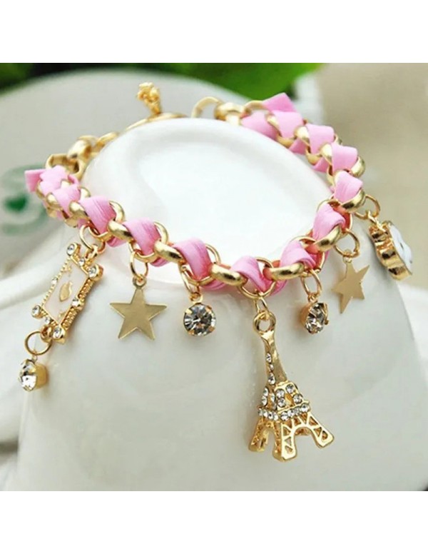 Jewels Galaxy Gold Plated Pink and White Eiffel theme Charm Bracelet