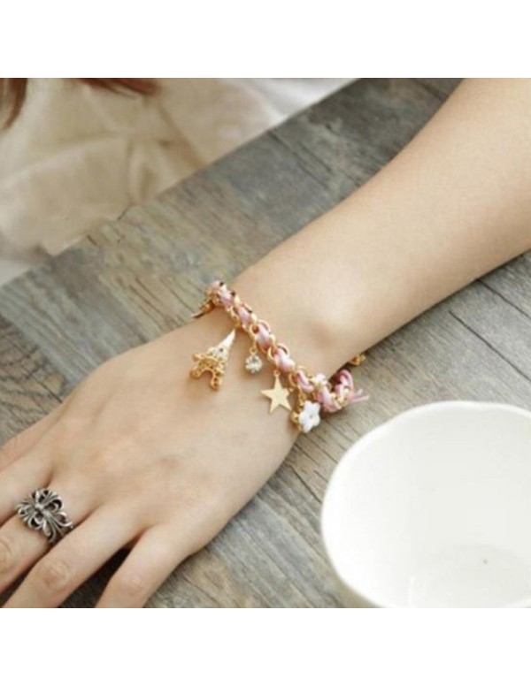 Jewels Galaxy Gold Plated Pink and White Eiffel theme Charm Bracelet