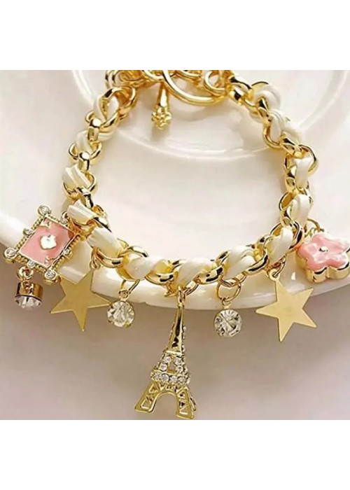Jewels Galaxy Gold Plated White and Pink Eiffel theme Charm Bracelet