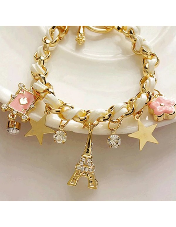 Jewels Galaxy Gold Plated White and Pink Eiffel theme Charm Bracelet