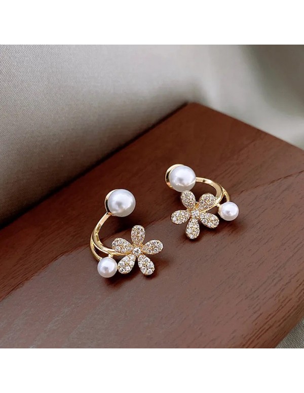 Jewels Galaxy Gold Plated Korean Floral Pearl Studded Stud Earrings